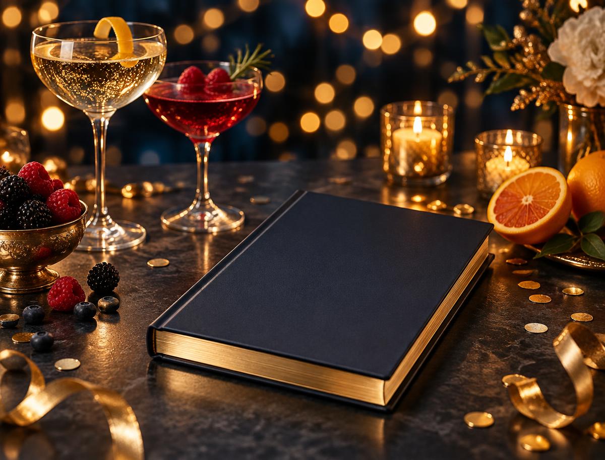 Cuaderno de tapas oscuras junto a cócteles de celebración, velas y confeti dorado