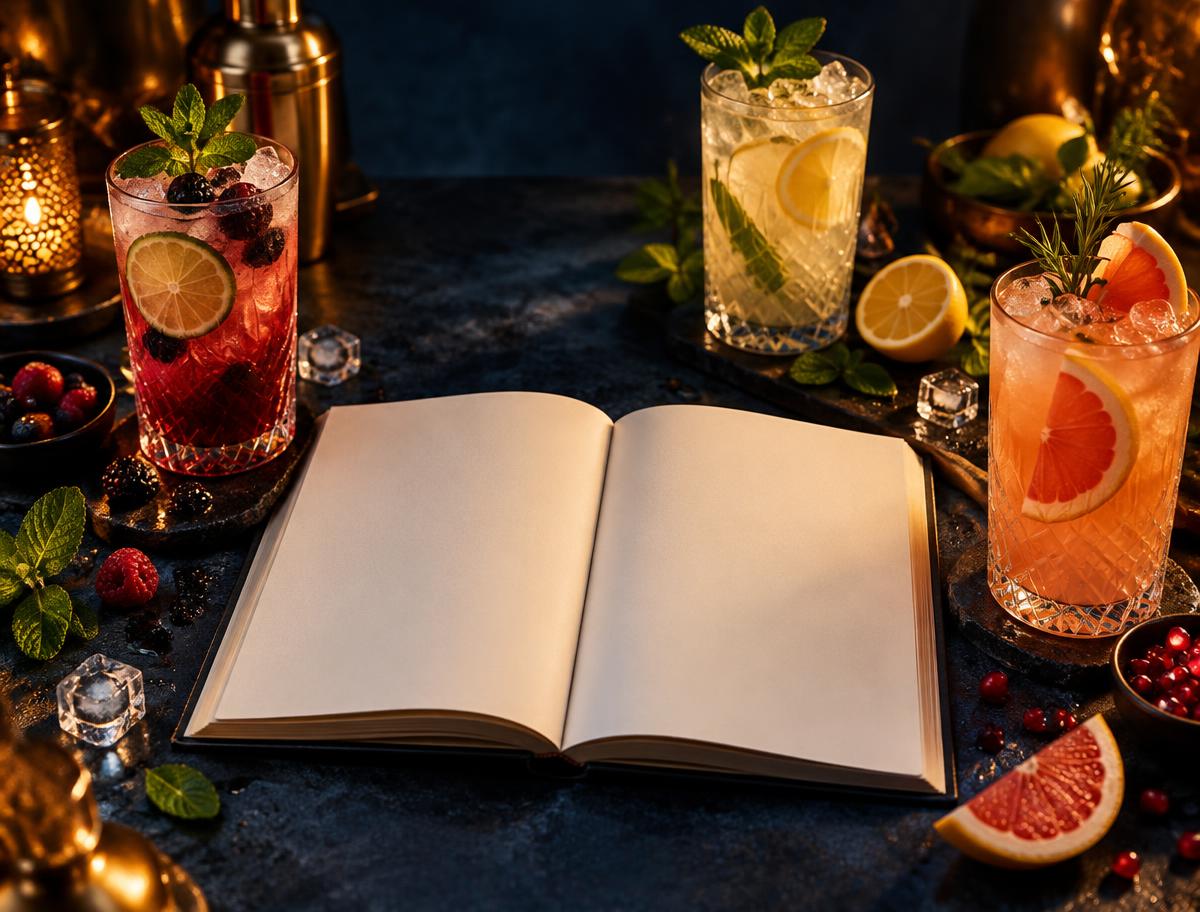 Recetario abierto junto a tres vasos de cócteles sin alcohol con hielo, cítricos y menta