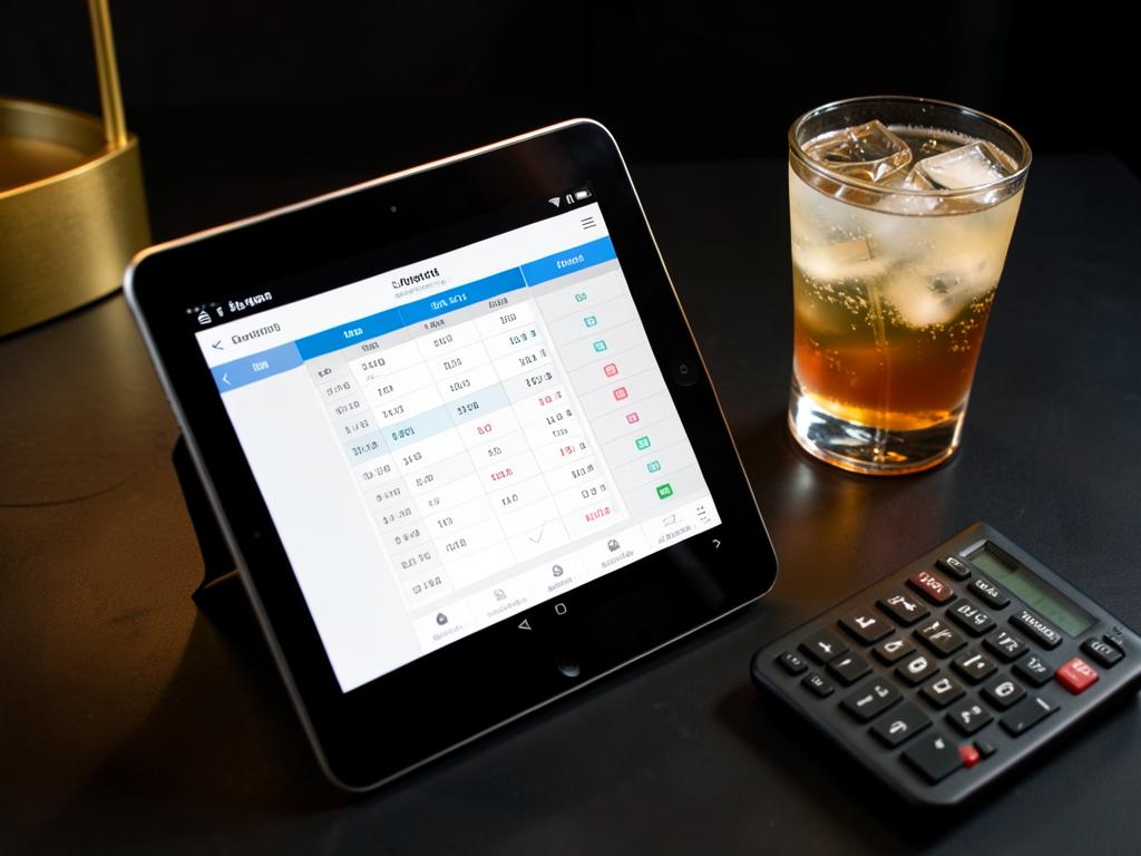 Tablet con hoja de cálculo de costos junto a una copa y una calculadora