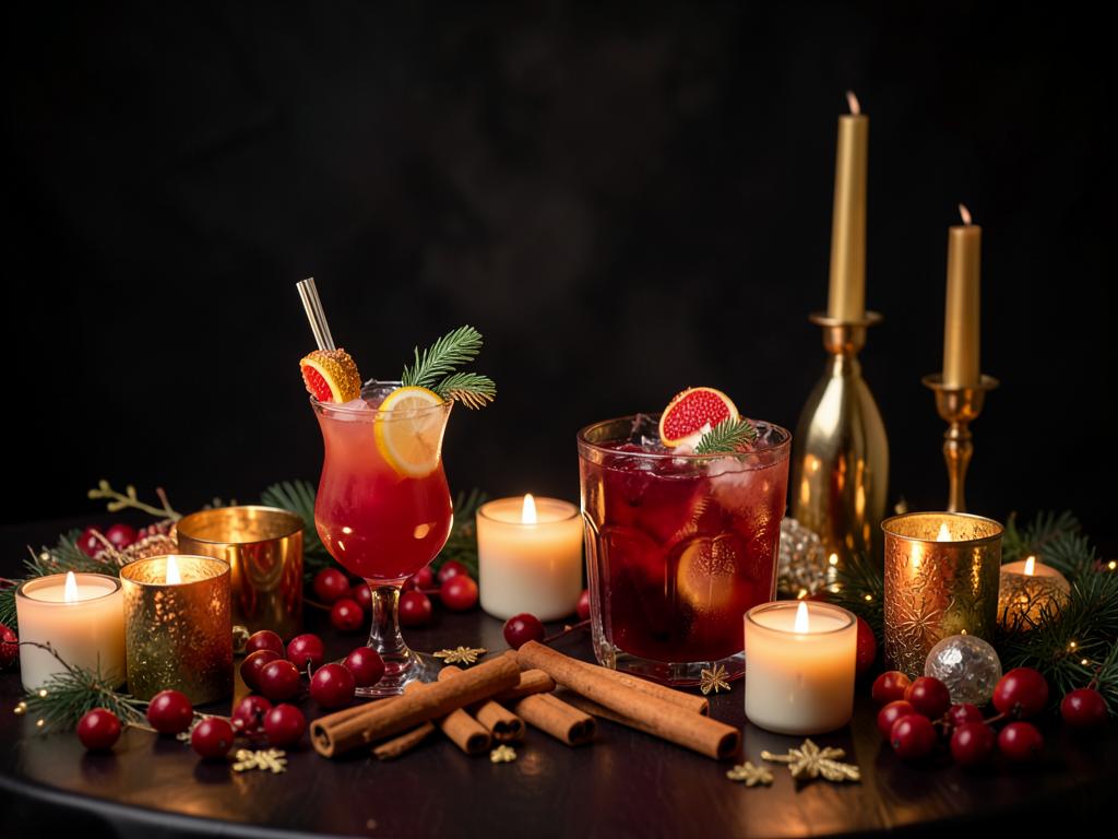 Mesa festiva con cócteles, velas y decoración dorada