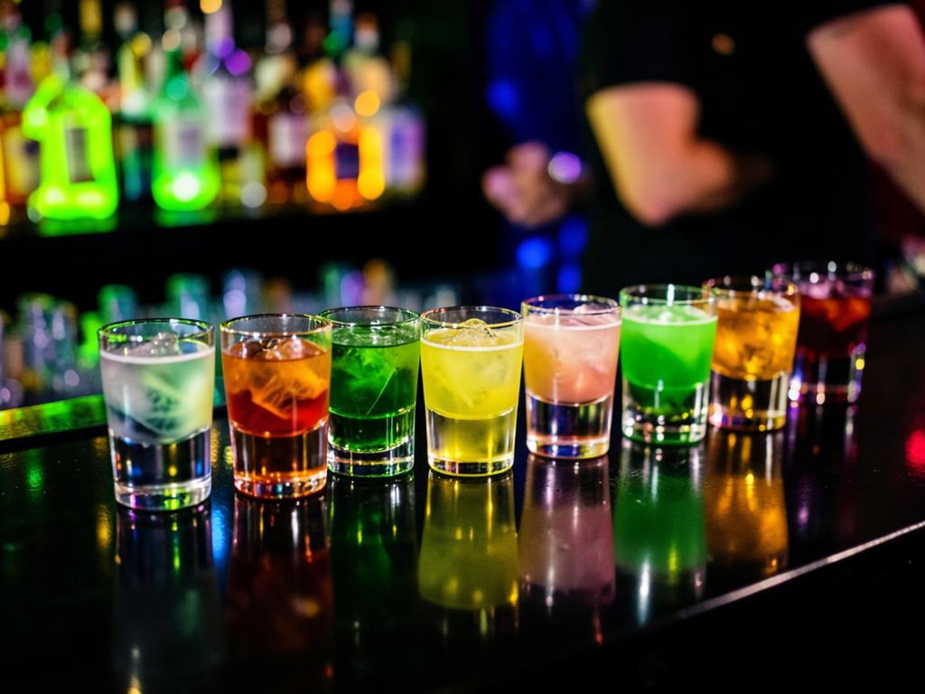 Fila de shots de colores sobre una barra oscura