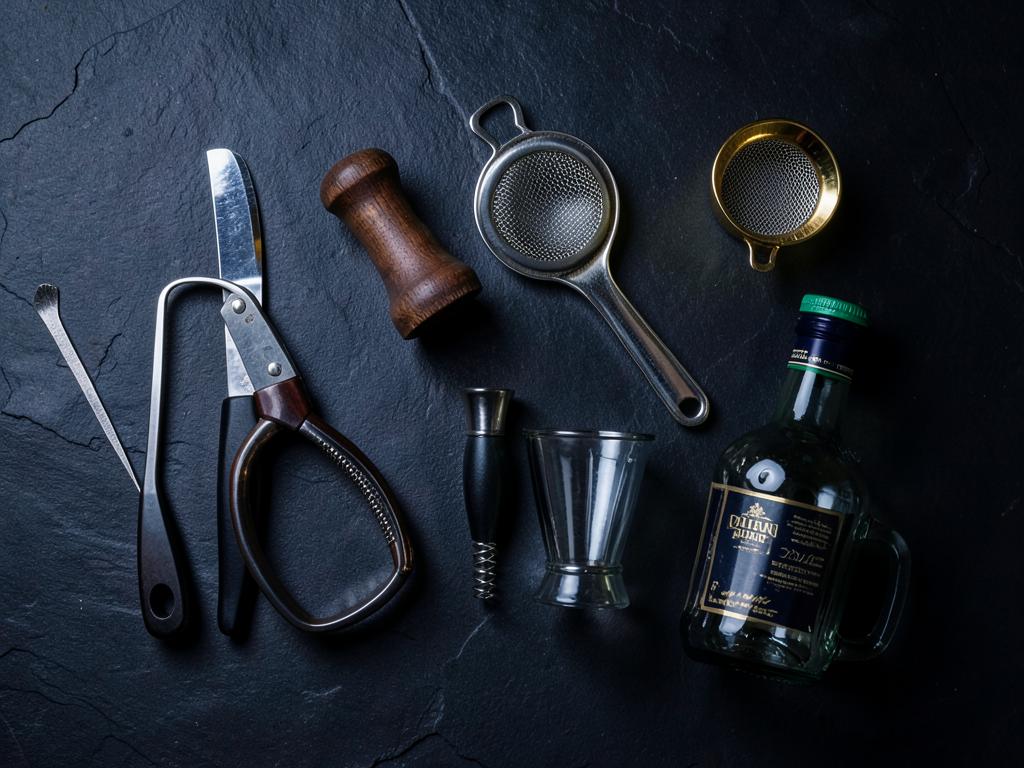 Utensilios básicos de coctelería sobre superficie oscura